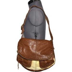 Vtg Y2K Lucky Brand Leather Canvas Stash Bag Hobo Boho Slouch Shoulder STAINED